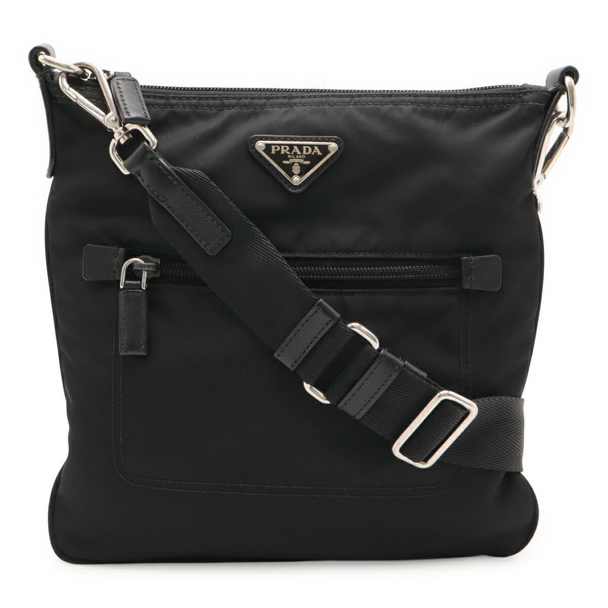 PRADA プラダ トライアングルロゴ ショルダーバッグ 斜め掛け ナイロン レザー NERO 黒 ブラック シルバー金具 1BH716 【中古】