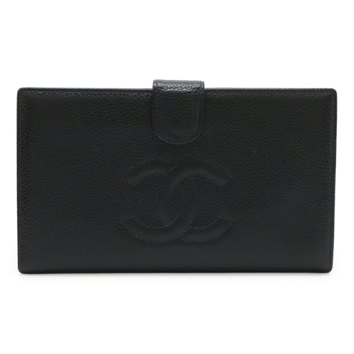 CHANEL シャネル ココマーク 金入れ ガマ口 長紙入れ キャビア人はだ なめし革 黒いこと 黒 ゴールド金具 A13498 【中古】
