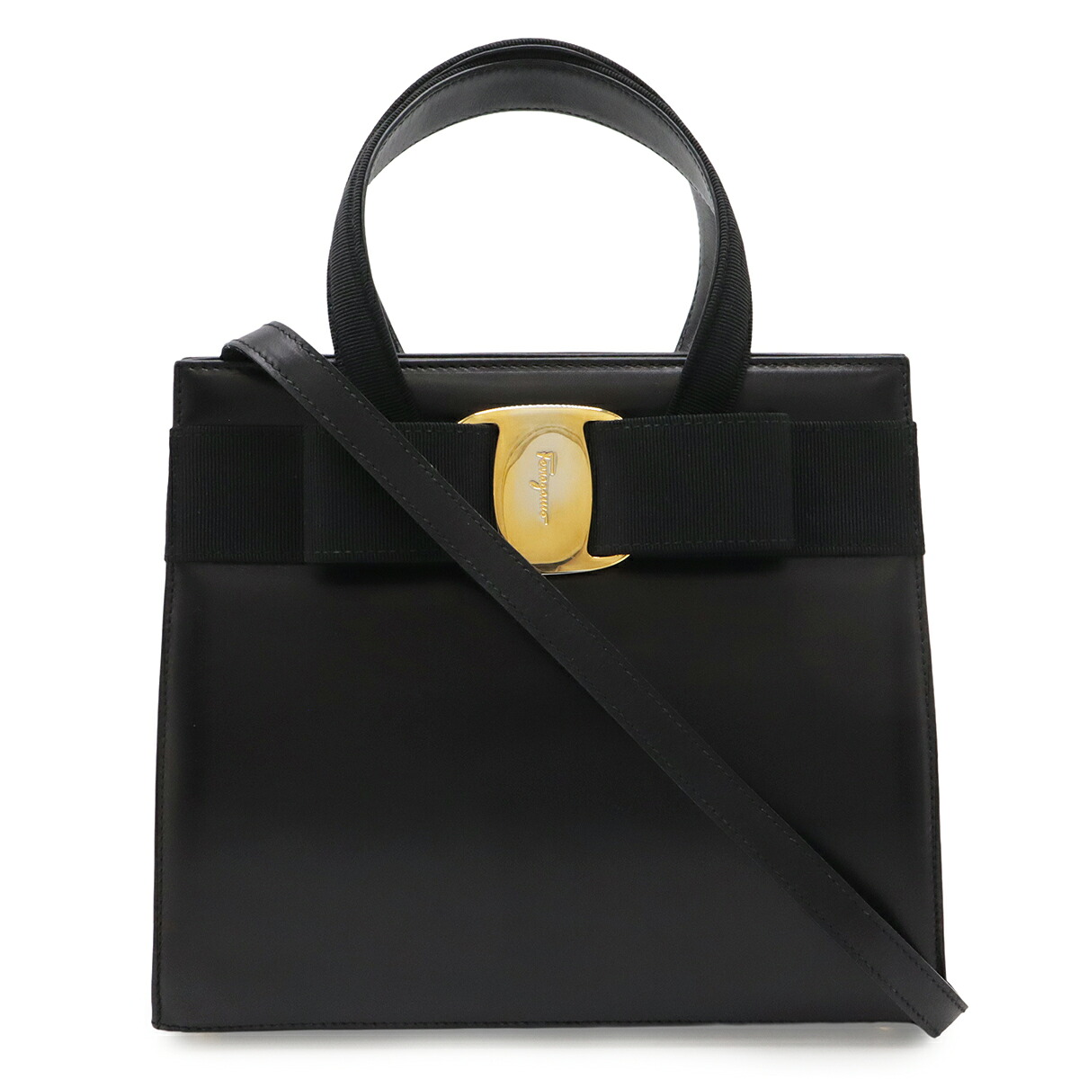 Salvatore Ferragamo サルヴァトーレ フェラガモ ヴァラ ハンドバッグ 2WAY ショルダーバッグ レザー ブラック 黒 ゴールド金具 BA214178 【中古】