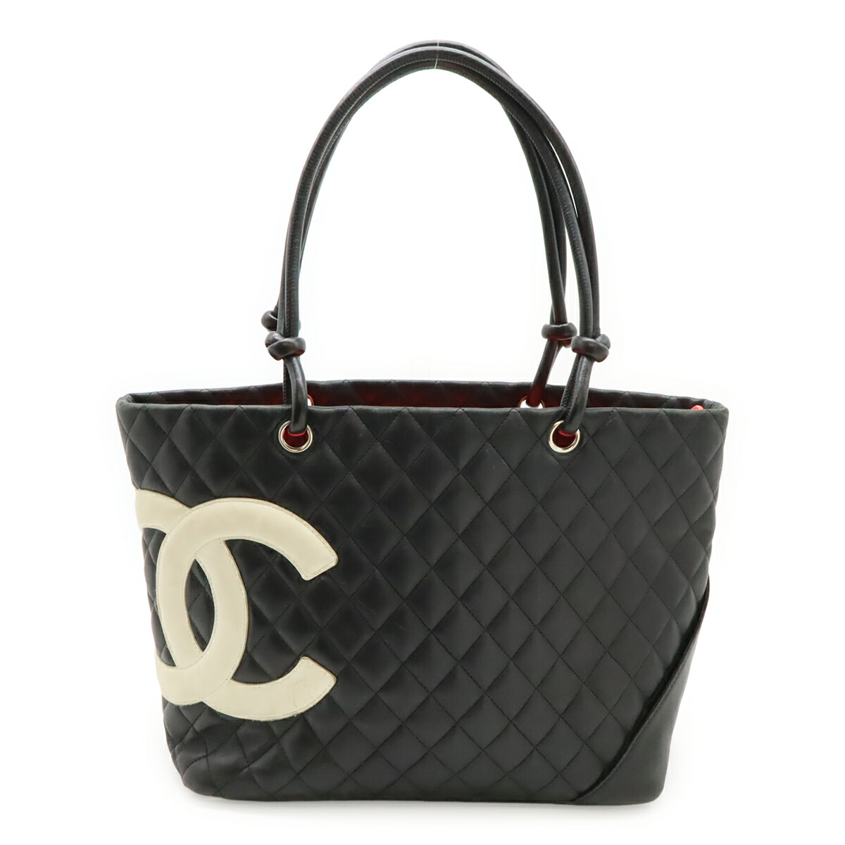 CHANEL シャネル カンボンライン ココマーク ラージトート ショルダーバッグ トートバッグ ソフトカーフ 黒いこと 黒 サクラ色 しろがね色金具 A25169 【中古】