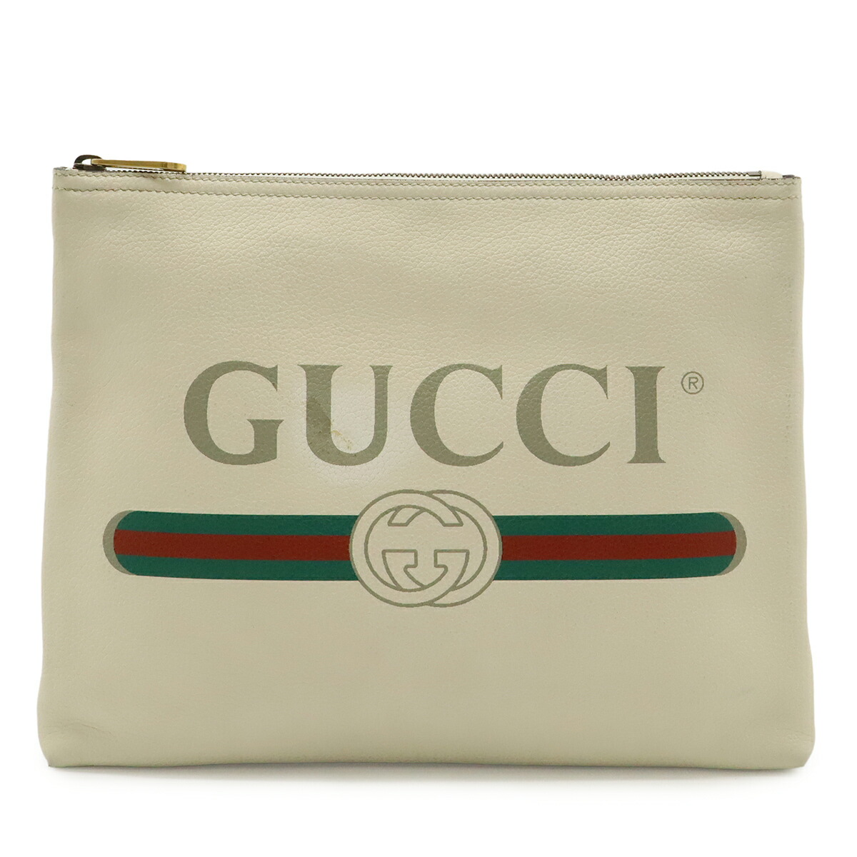 GUCCI グッチ グッチプリント ミディアム ポートフォリオ クラッチバッグ セカンドバッグ レザー アイボリー 白 グリーン 緑 レッド 赤 500981 【中古】｜ブルーミン／森田質店 17,360円