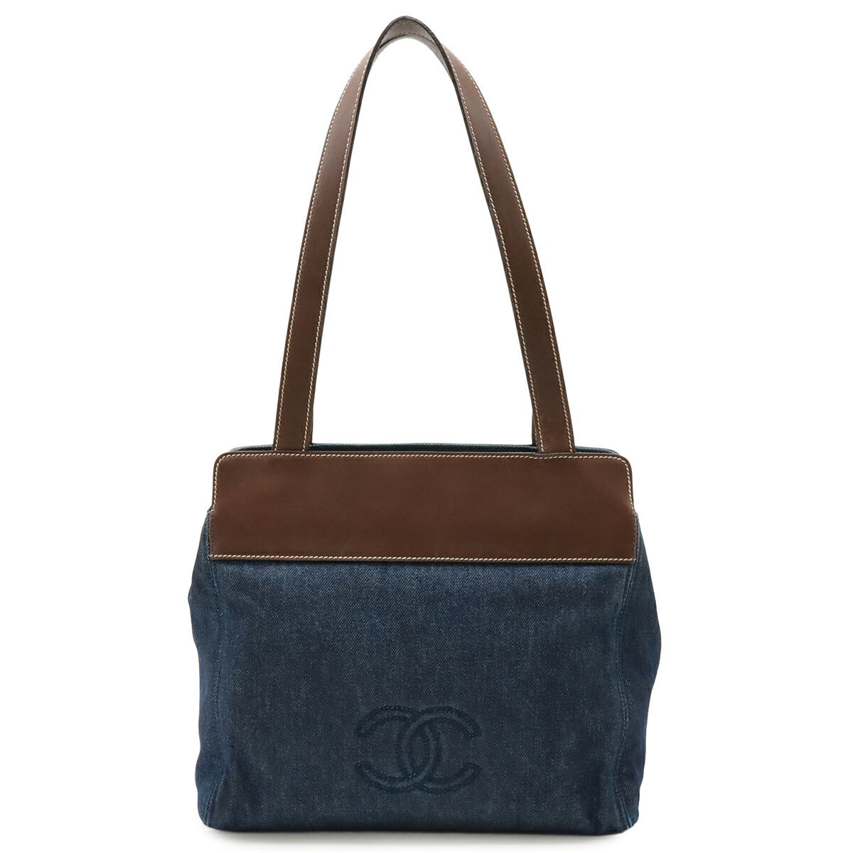 CHANEL シャネル ココマーク トートバッグ ショルダーバッグ セミショルダー 肩掛け デニム レザー ブルー ダークブラウン 茶 【中古】|ブルーミン/森田質店