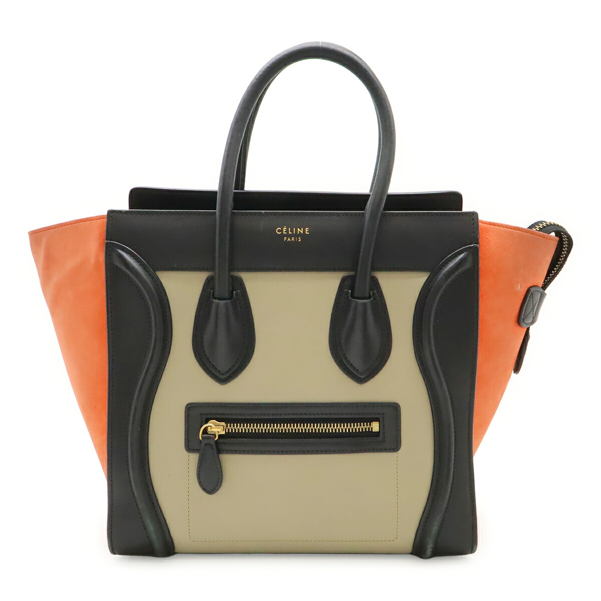 CELINE セリーヌ ラゲージ マイクロショッパー トートバッグ ハンドバッグ レザー トリコロール ブラック 黒 ゴールド金具 167793 【中古】｜ブルーミン／森田質店