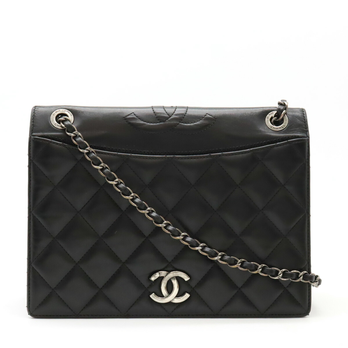 シャネル　ヴィンテージ　チェーンベルト　リボン　ココマーク　ロゴ　マトラッセ黒革 CHANEL (シャネル) ヴィンテージ ココマーク レザー チェーン