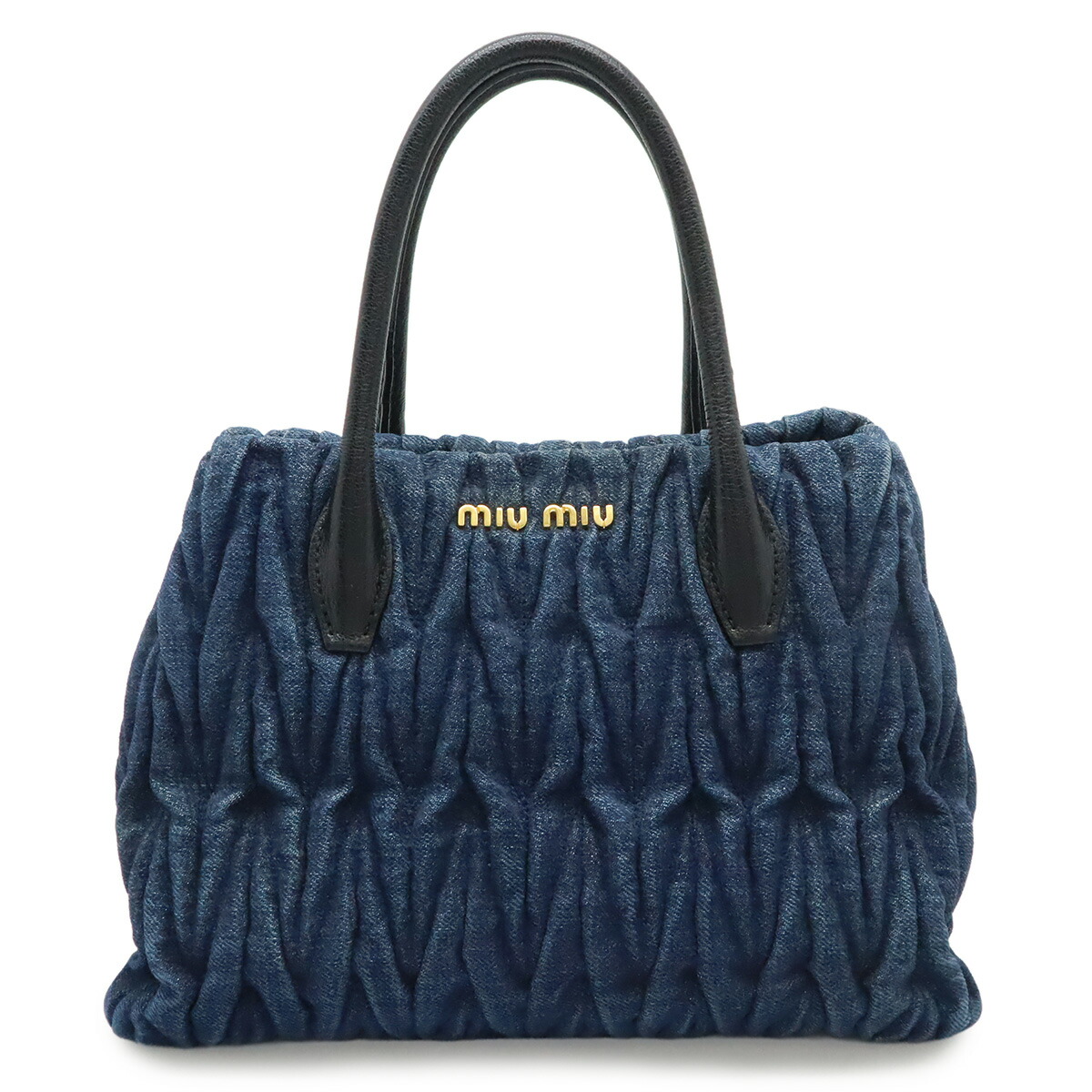 Miu Miu ミュウ ミュウ ミュウミュウ マテラッセ ハンドバック ミニ御徒面子 ギャザー ジーンズ なめし革 青碧 青 ゴールド金具 5BG069 【中古】