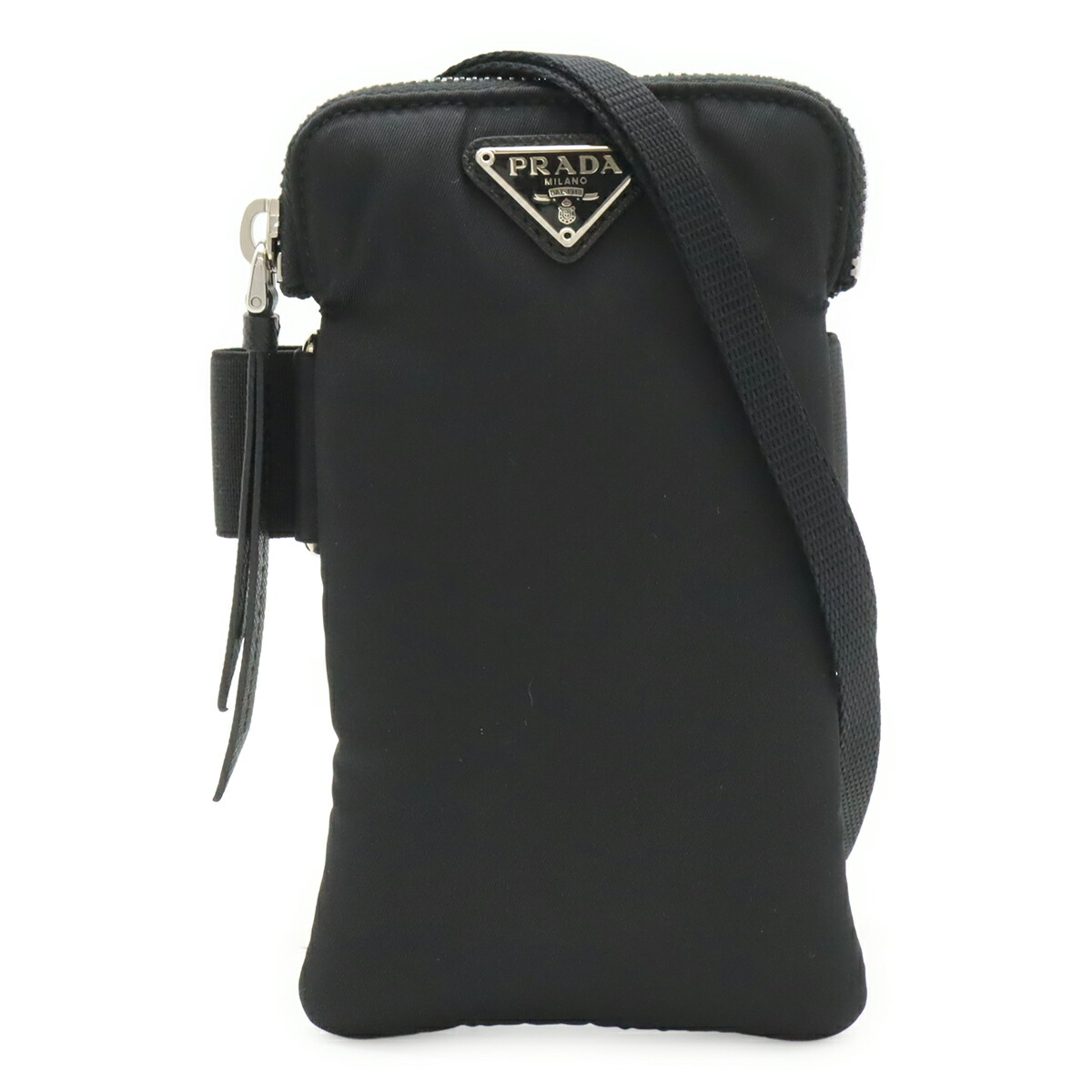 PRADA プラダ ３角形ロゴタイプ スマートフォンケース ショルダーバッグ 合切袋 2WAY ナイロン NERO 黒 黒いこと しろがね色金具 2ZT011 【中古】