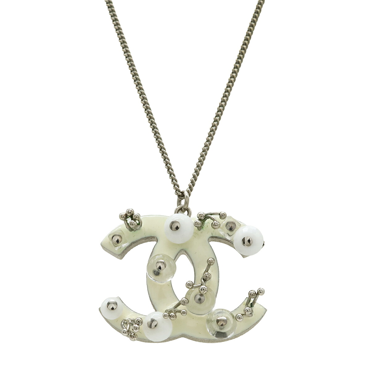 CHANEL シャネル デカココ ココマーク チェーン ネックレス ペンダント メタル エナメル ビーズ シルバー アイボリー B10A 【中古】|ブルーミン/森田質店