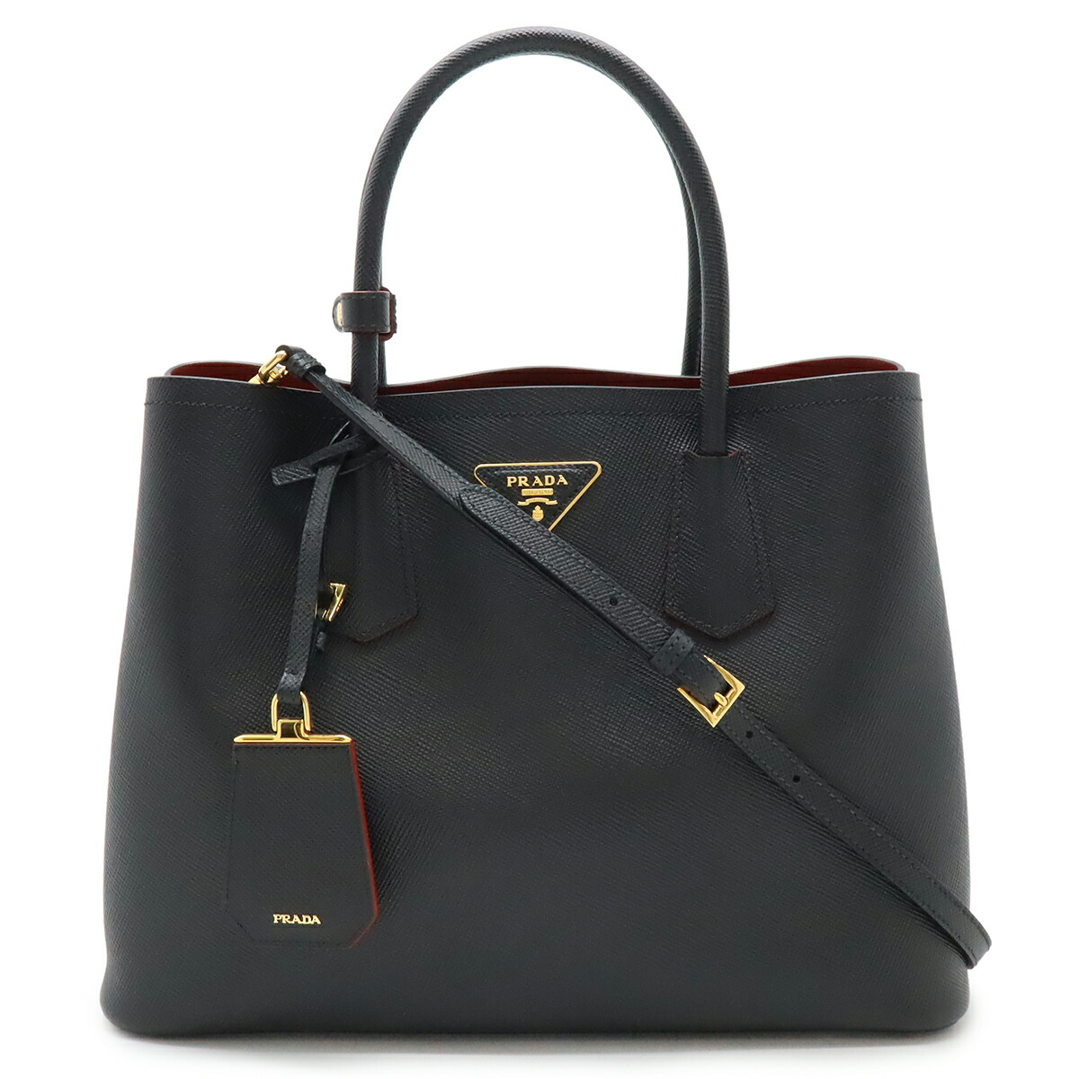 PRADA プラダ ダブル トートバッグ ショルダーバッグ 2WAY ハンドバック 曲がった掛け サフィアーノ なめし革 NERO 黒いこと 黒 ゴールド金具 B2756T 【中古】