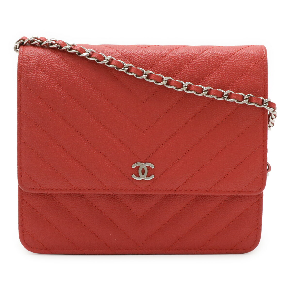 CHANEL シャネル V編み目 シェブロン チェーンウォレット ショルダーバッグ ポシェット キャビア素はだ なめし革 赤いことサクラ色系 しろがね色金具 【中古】
