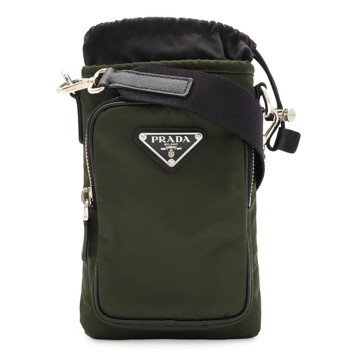 PRADA プラダ トライアングルロゴ スマートフォンケース ショルダーバッグ 巾着ポーチ 2WAY ナイロン カーキ NERO 黒 ブラック シルバー金具 2ZH155 【中古】｜ブルーミン／森田質店
