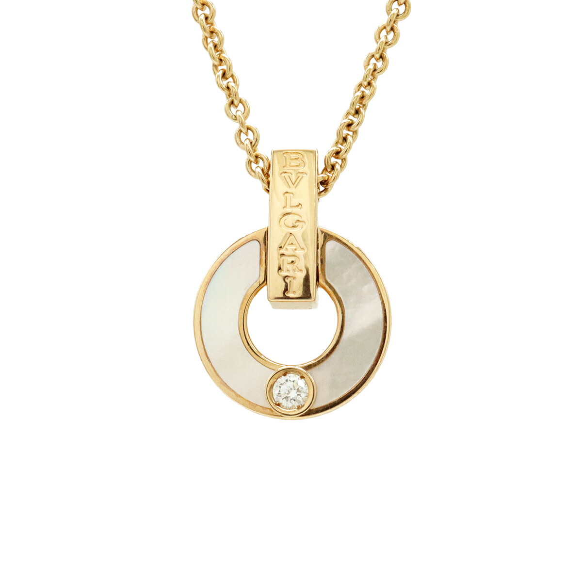 BVLGARI ブルガリ ブルガリブルガリ オープンワーク ネックレス ペンダント K18PG ダイヤモンド 0.06ct マザーオブパール 357546 【中古】｜ブルーミン／森田質店