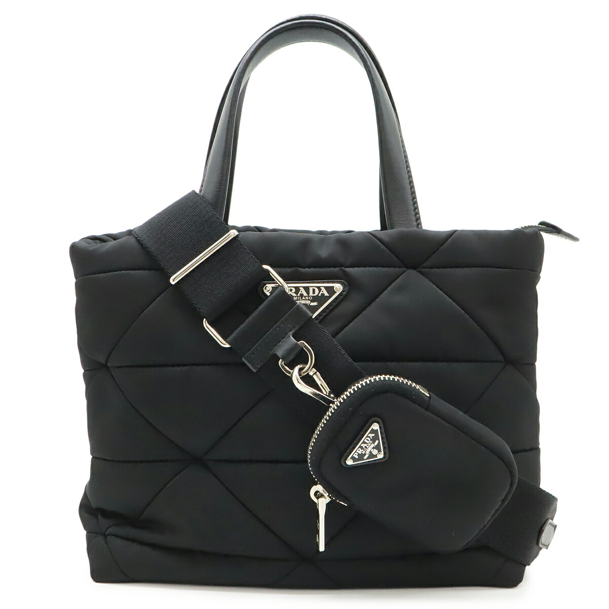 PRADA プラダ スモール パデッド トートバッグ ハンドバック 2WAY ショルダーバッグ ナイロン なめし革 NERO 黒いこと しろがね色金具 合切袋付 1BG373 【中古】