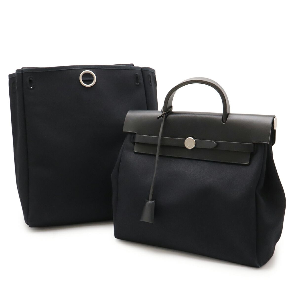 HERMES エルメス 叫びごえ御徒面子 居住地PM 背嚢 うしろ側風呂敷き包み 2WAY ハンドバック トワルオフィシエ なめし革 黒いこと 黒 しろがね色金具 □F目じるし 【中古】
