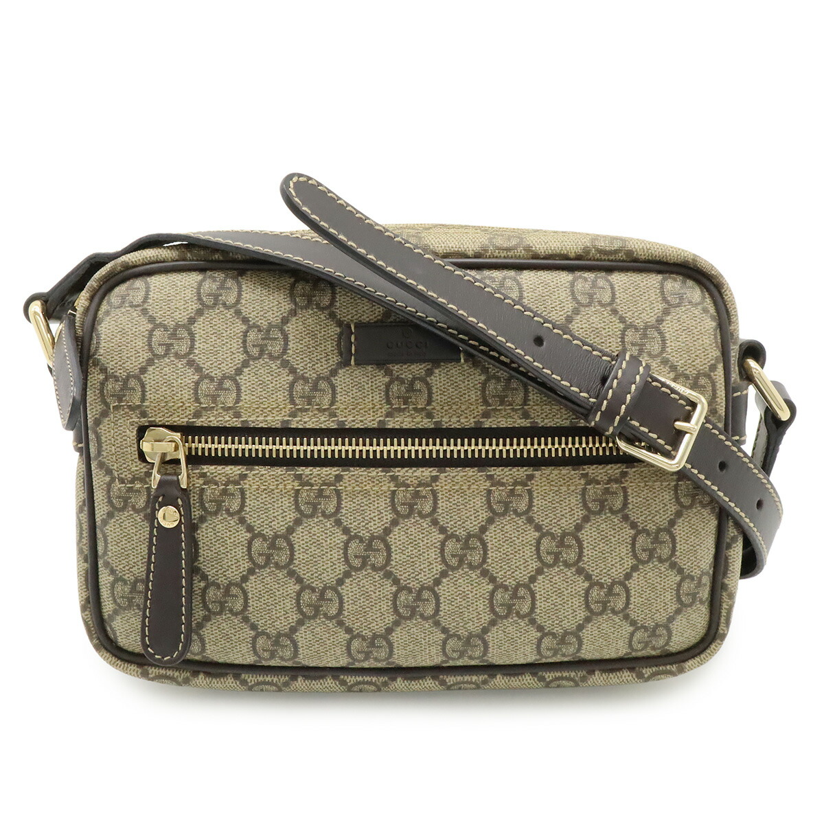 GUCCI グッチ GG足し加える GGスプリーム ショルダーバッグ 曲がった掛け ポシェット PVC なめし革 カーキベージュ うす暗い赤銅色 茶 201447 【中古】