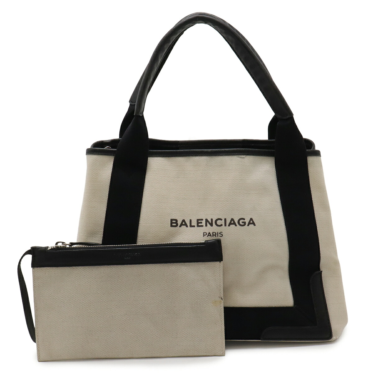 BALENCIAGA バレンシアガ ネイビーカバス S ロゴ トートバッグ ハンドバッグ キャンバス レザー ナチュラル ブラック 黒 ポーチ付き 339933 【中古】|ブルーミン/森田質店