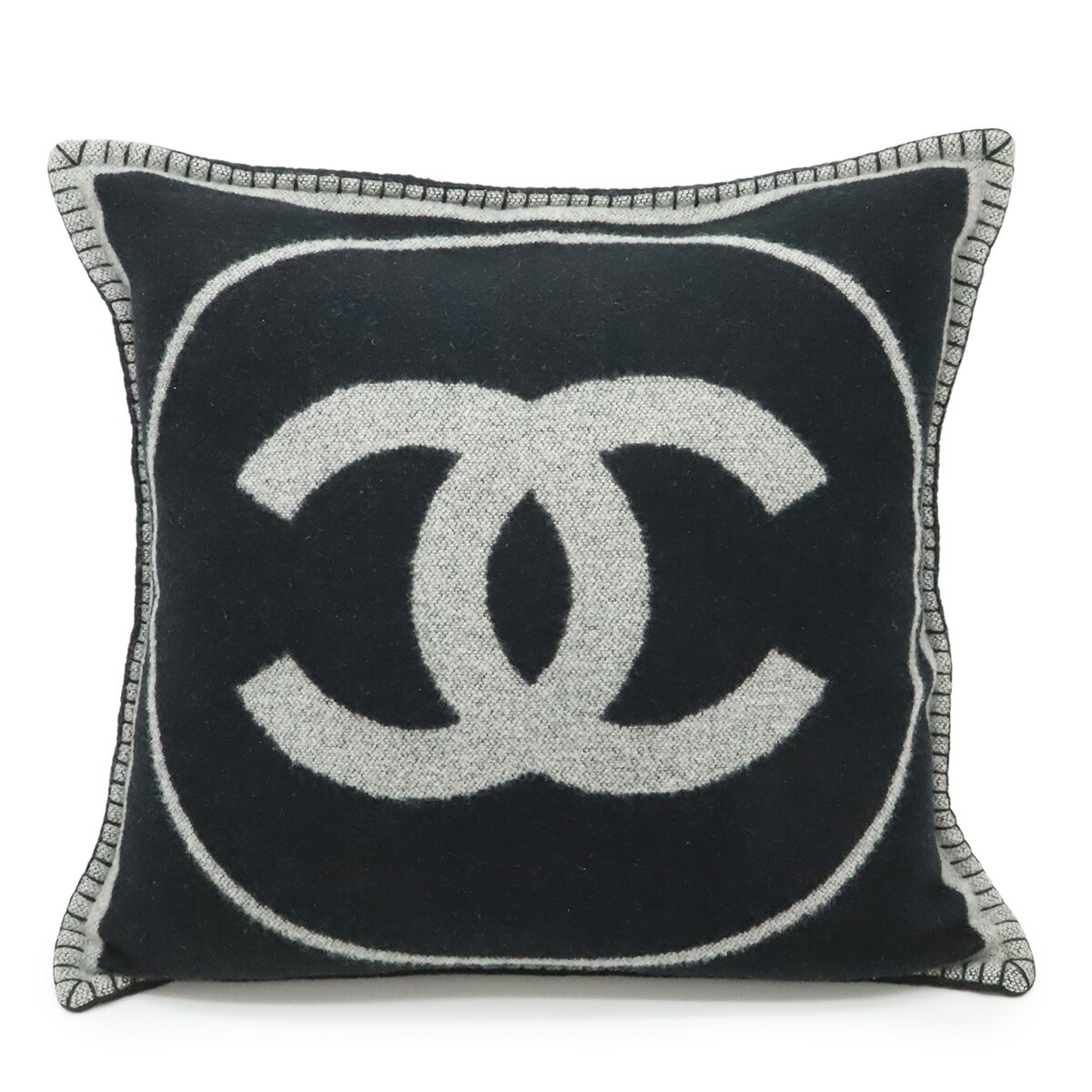 CHANEL シャネル CC ココマーク ダブルフェイス サークルロゴ クッション 枕 ピロー インテリア ウール カシミヤ グレー ブラック 黒 【中古】