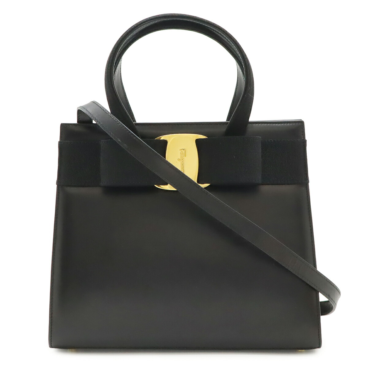 Salvatore Ferragamo サルヴァトーレ フェラガモ ヴァラ ハンドバック 2WAY ショルダーバッグ 曲がった掛け なめし革 黒いこと 黒 ゴールド金具  【中古】