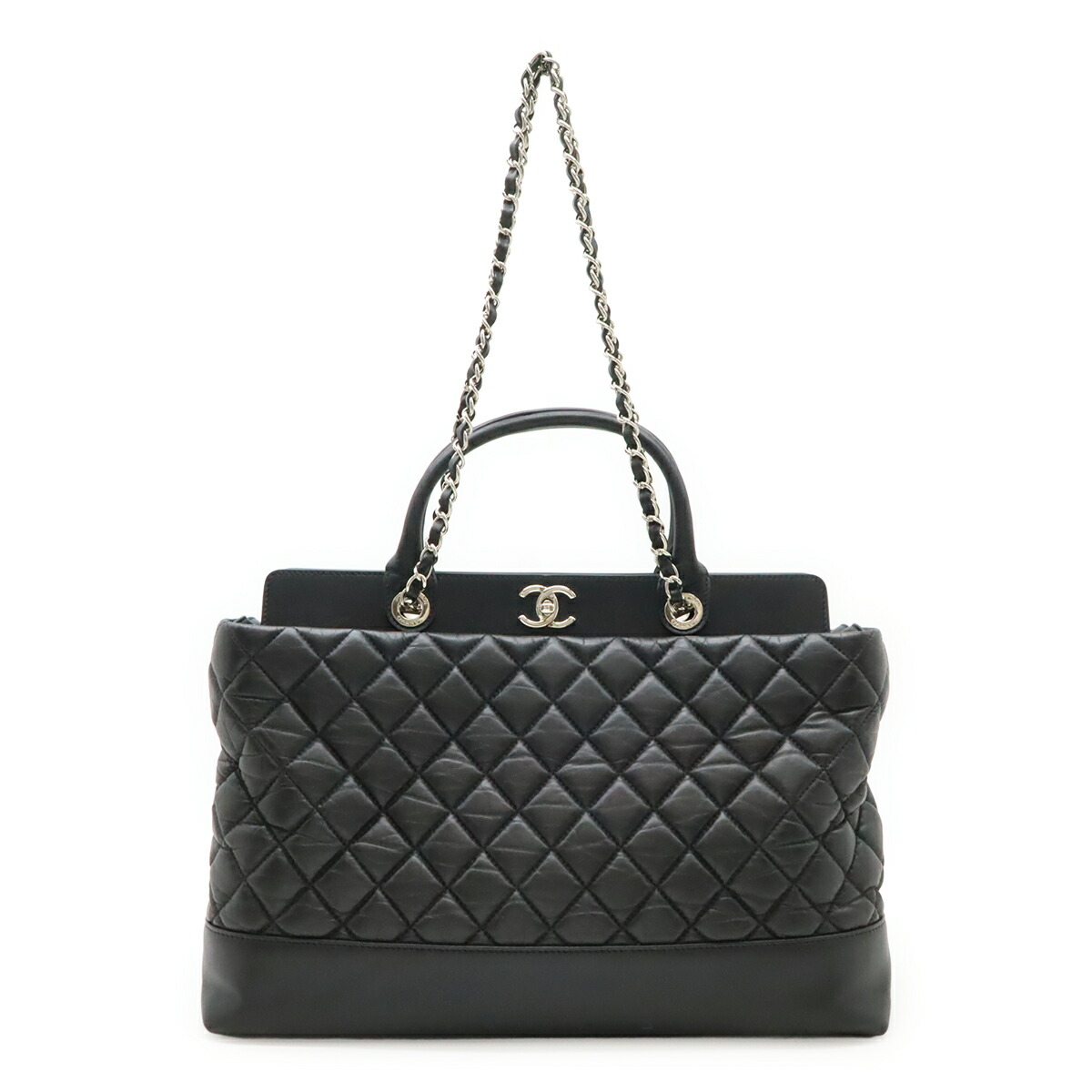CHANEL シャネル マトラッセ ココマーク ポートベロー トートバッグ 2WAY ショルダーバッグ チェーン レザー ブラック 黒 シルバー金具 A66814 【中古】