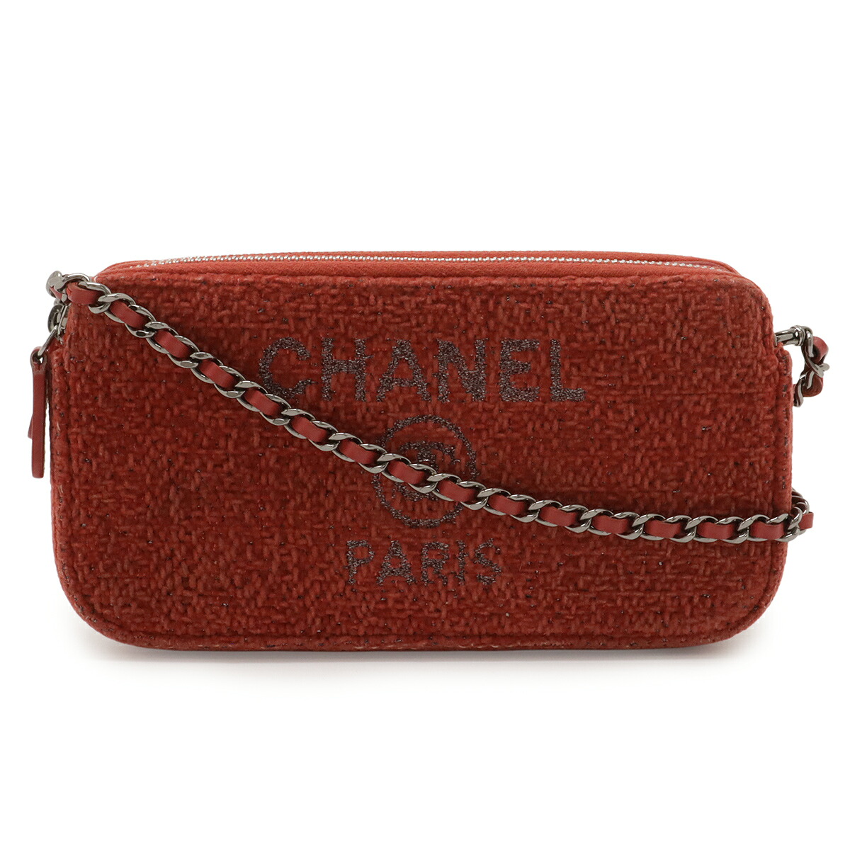 CHANEL シャネル ドーヴィル チェーンウォレット 長銭入れ 2WAY ショルダーバッグ ポシェット クラッチペダル 天鵞絨 サクラ色赤いこと 赤 しろがね色金具 A81978 【中古】