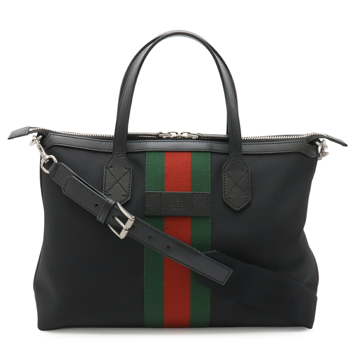 GUCCI グッチ シェリー酒生産ライン ウェブストライプ トートバッグ 2WAY ショルダーバッグ ナイロン帆布 なめし革 黒いこと 逃げ道品 630923 【中古】