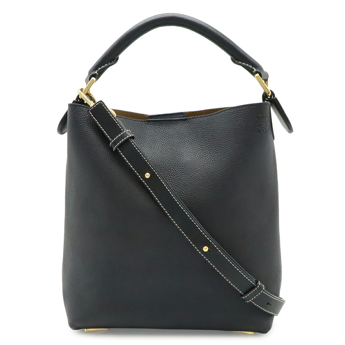 LOEWE ロエベ アナ瓦 T井戸釣瓶 スモール ハンドバック 2WAY ショルダーバッグ なめし革 ブラックネイビー 黒いこと 黒 ゴールド金具 35212KBR83 【中古】