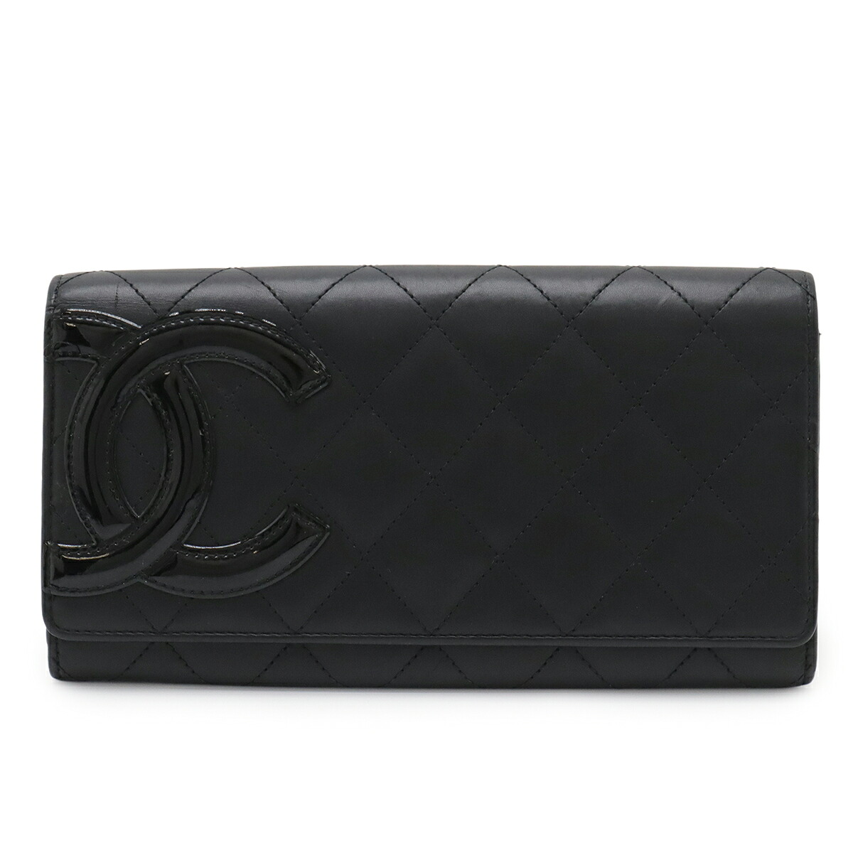CHANEL シャネル カンボンライン ココマーク 2つ折長紙入れ 二つ折り長紙入れ ソフトカーフ なめし革 エナメル 黒いこと 黒 サクラ色 A50077 【中古】