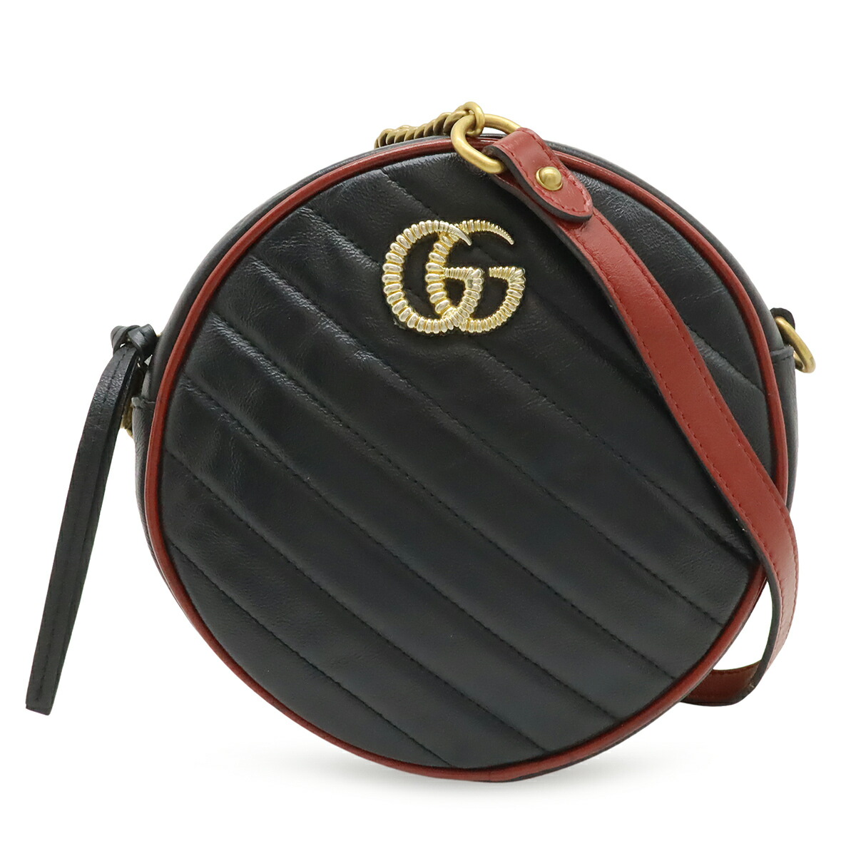 GUCCI グッチ GGマーモント ラウンド ミニ ショルダーバッグ チェーンバッグ キルティング レザー ブラック 黒 レッド 赤 ゴールド金具 550154 【中古】