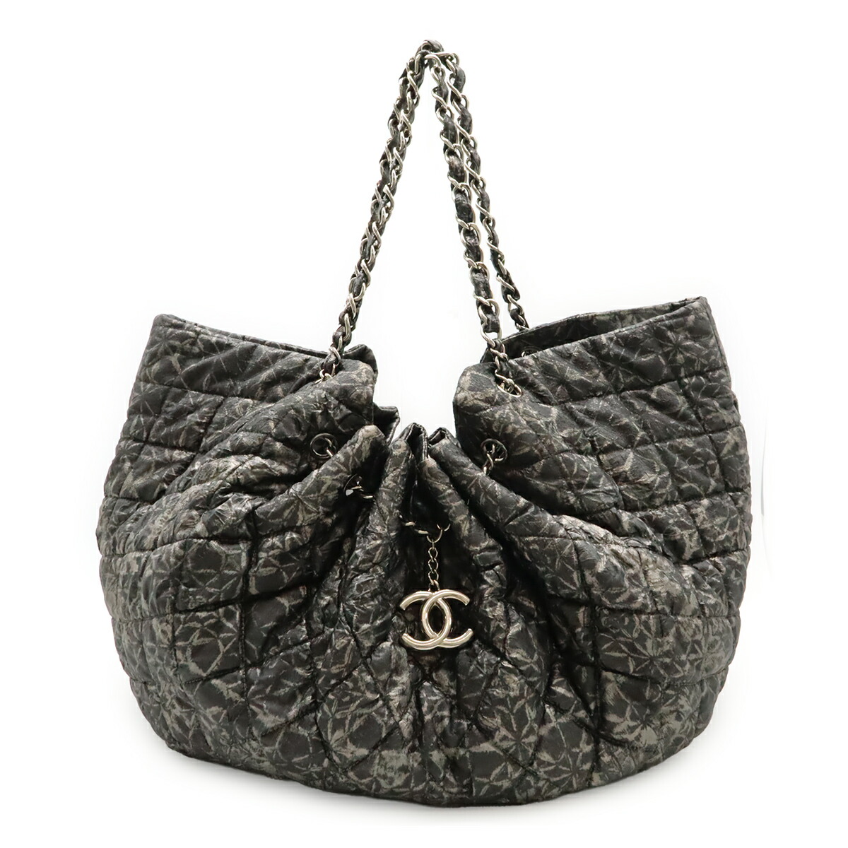 CHANEL シャネル メルローズカバス ココマーク チェーン店肩部 ショルダーバッグ トートバッグ ナイロン 薄墨色 しろがね色 A47190 【中古】