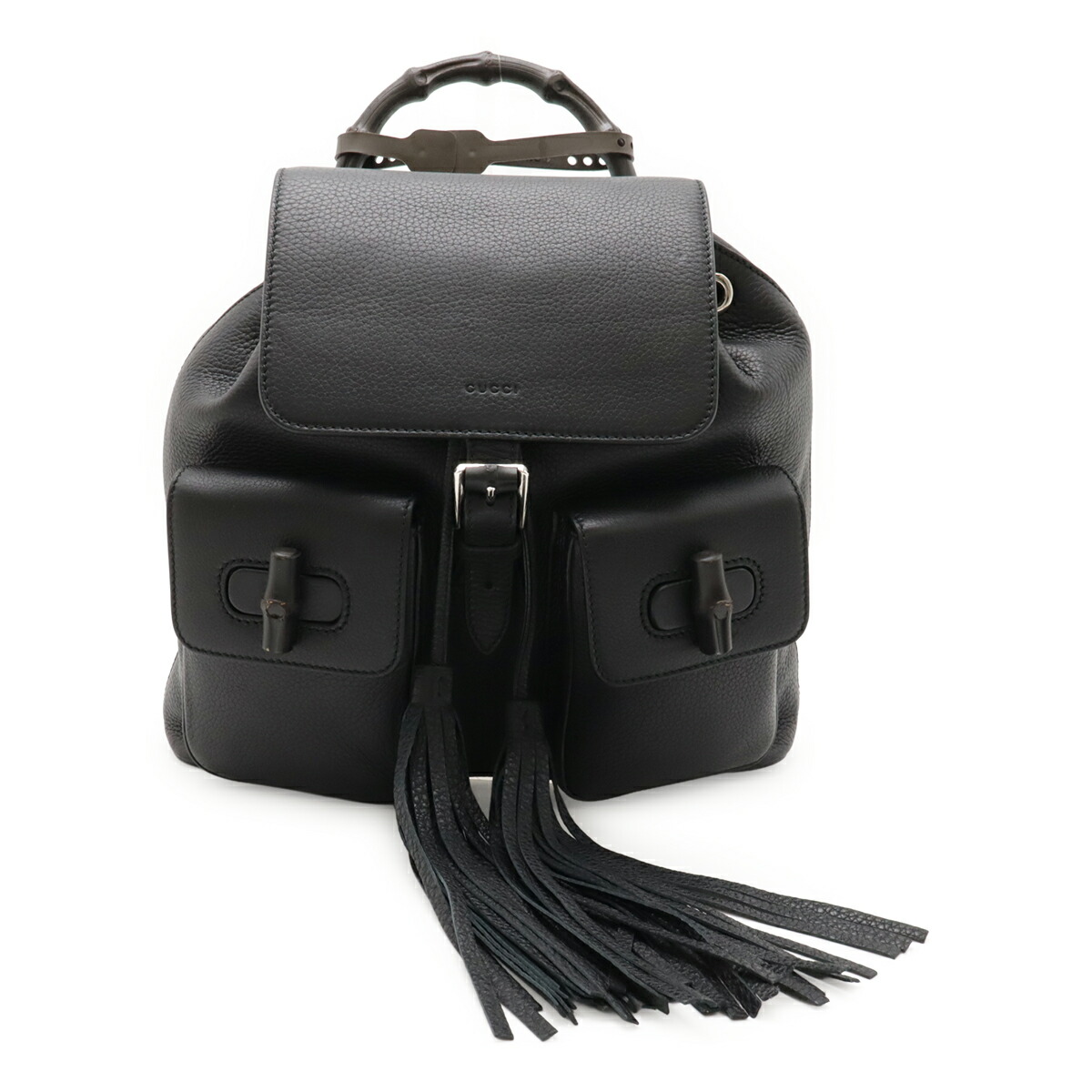 GUCCI グッチ バンブー 背嚢 うしろ側容器に並べる ショルダーバッグ フリンジ タッセル なめし革 黒いこと 黒 しろがね色金具 370833 【中古】
