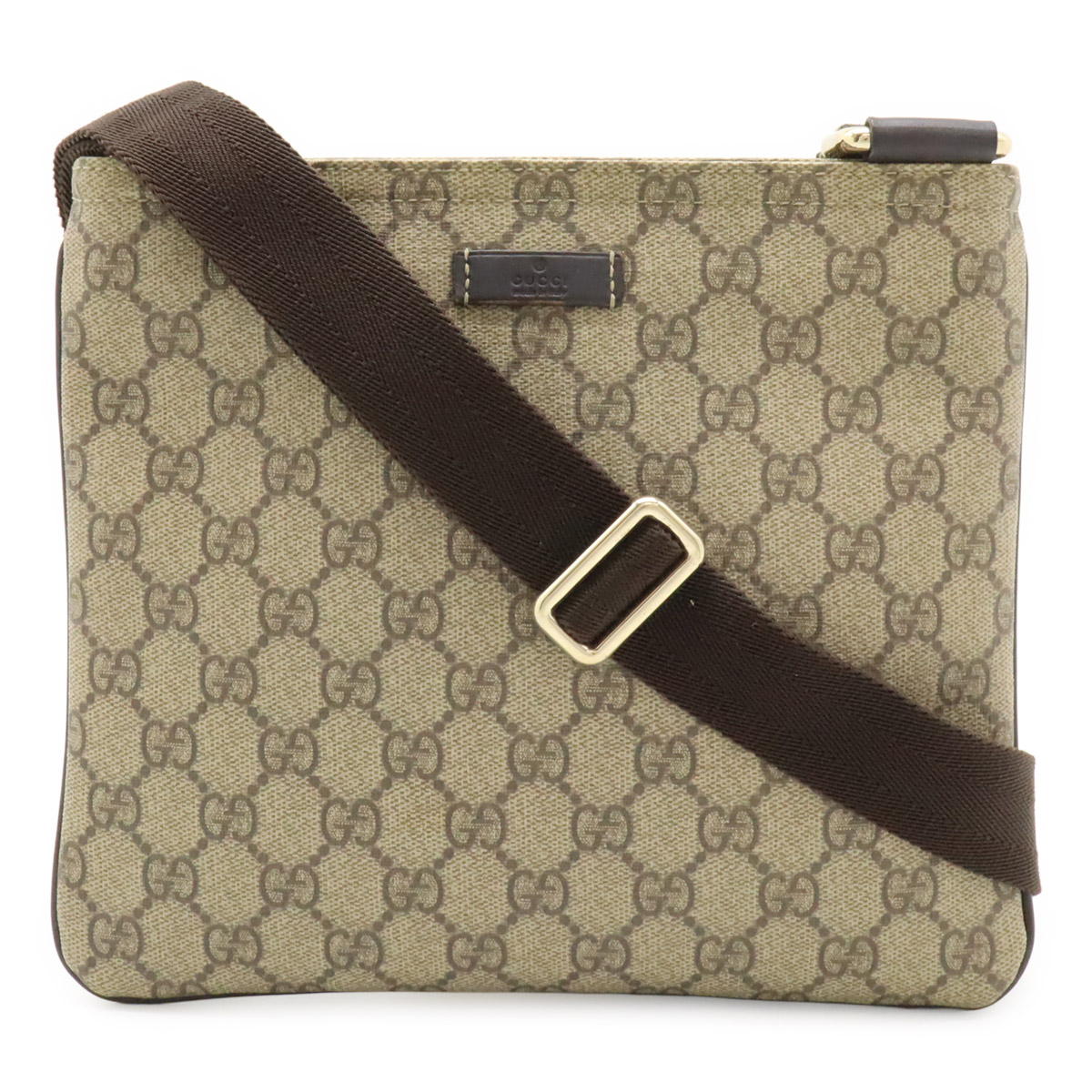 GUCCI グッチ GGスプリーム GGつけ加える ショルダーバッグ 曲がった掛け マチなし PVC なめし革 ベージュ 茶 うす暗い赤銅色 201538  【中古】