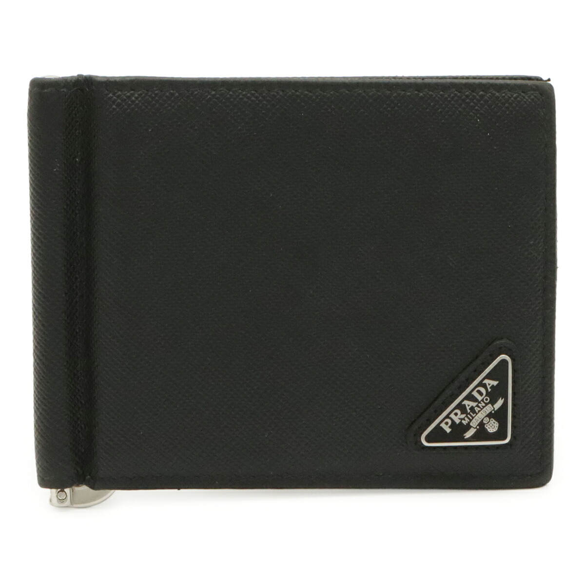PRADA プラダ トライアングルロゴ 2つ折札入れ 二つ折り財布 マネークリップ式 ビルクリップ レザー NERO 黒 ブラック シルバー金具 2MN077 【中古】｜ブルーミン／森田質店