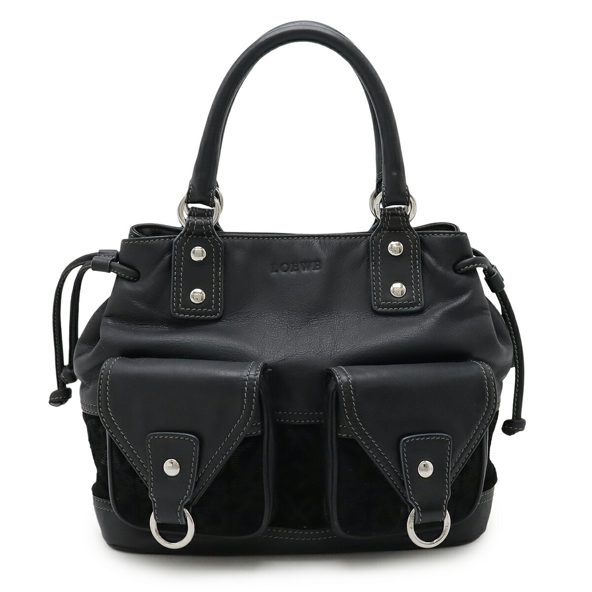 ① LOEWE ロエベ ハンドバッグ 丸型 アナグラム カーフレザー ブラック LOEWE 美品 ロエベ 丸型 アナグラム レザー ブラック 2WAY