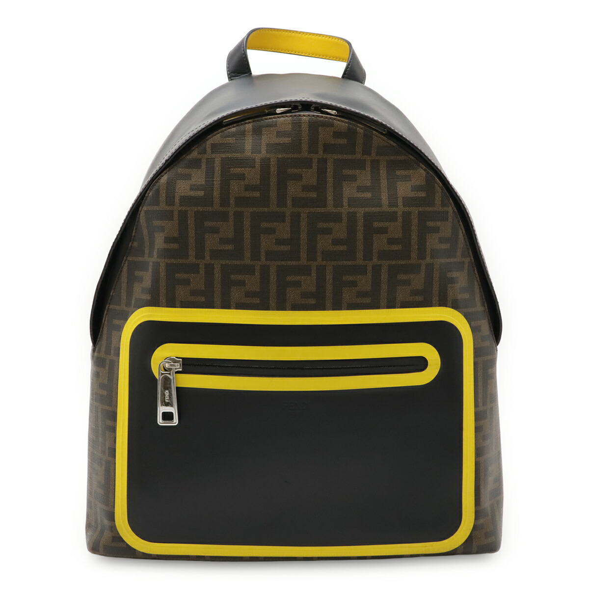 FENDI フェンディ ズッカ柄 バックパック リュックサック PVC レザー カーキブラウン ブラック 黒 イエロー 黄色 シルバー金具 7VZ042 【中古】