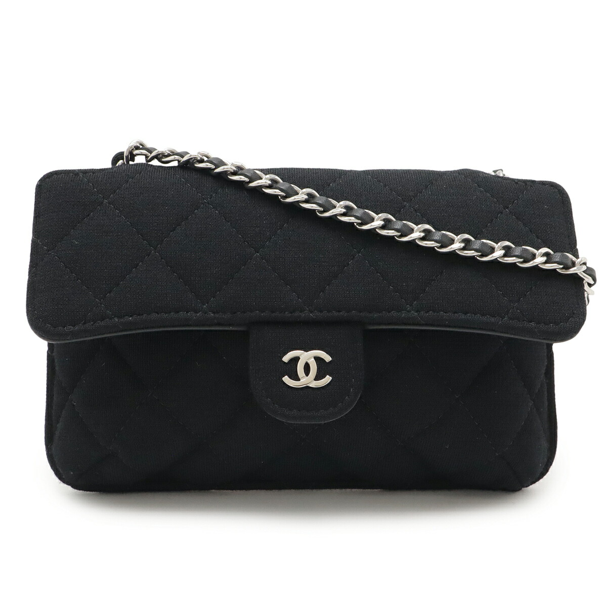 CHANEL シャネル マトラッセ ココマーク エコバッグ 折り畳み トートバッグ チェーンショルダー コットンジャージー ナイロン ブラック 黒 AP2095 【中古】