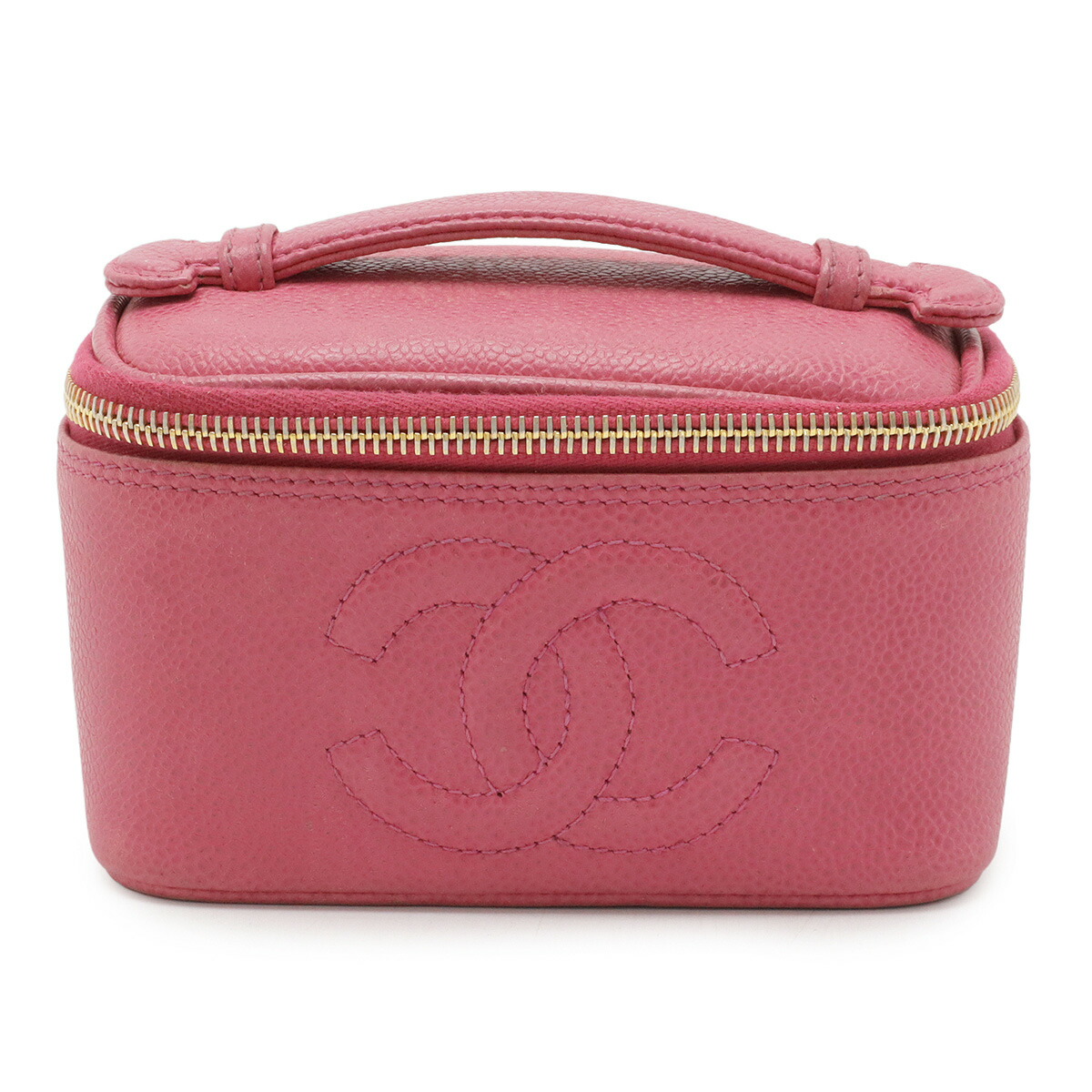 CHANEL シャネル ココマーク バニティバッグ ミニ合切袋 かざり付ける合切袋 コスメポーチ キャビアひと肌 なめし革 さくら色 ゴールド金具 鏡鑑付き添い人 【中古】