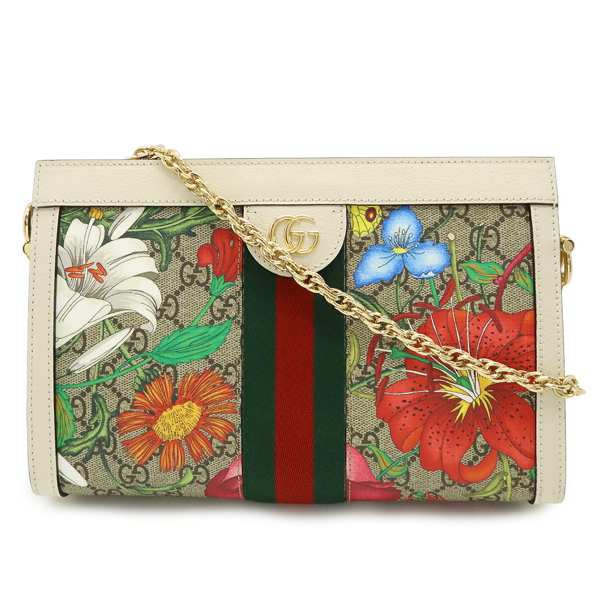 GUCCI グッチ オフィディア GGフローラ シェリーライン スモール チェーンショルダーバッグ PVC レザー ベージュ ホワイト マルチカラー 503877 【中古】｜ブルーミン／森田質店