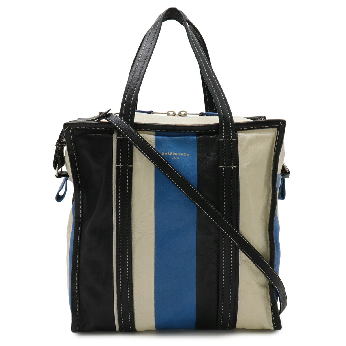 BALENCIAGA バレンシアガ バザール ショッパー トートバッグ 2WAY ショルダーバッグ 曲がった掛け なめし革 縞模様 黒いこと 白いこと 青色 443096 【中古】