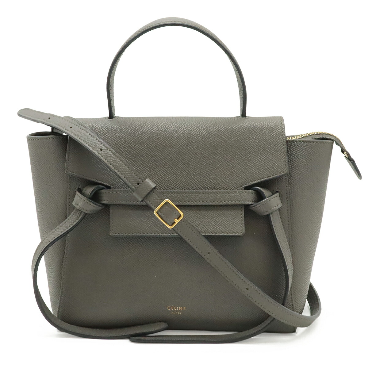 CELINE セリーヌ 三尺帯御徒面子 ナノ ハンドバック ミニ御徒面子 2WAY ショルダーバッグ 曲がった掛け なめし革 薄墨色 ゴールド金具 189003 【中古】