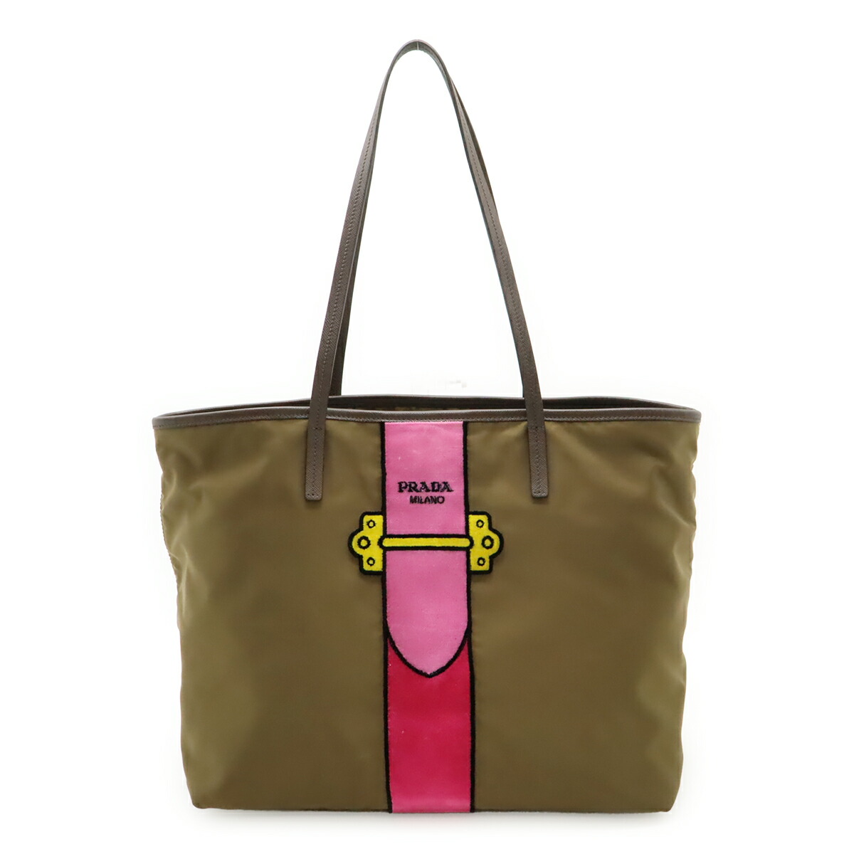 PRADA プラダ ベロア ベルト モチーフ トートバッグ ショルダーバッグ ナイロン レザー カーキ ピンク 1BG065 【中古】｜ブルーミン／森田質店 45,370円