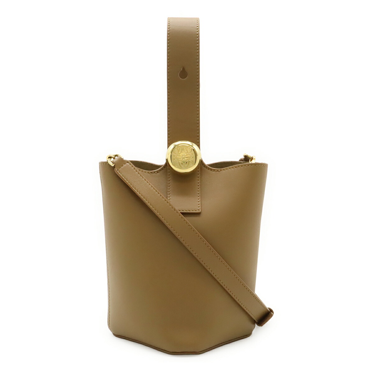 LOEWE ロエベ ペブル 井戸釣瓶御徒面子 ミニ ハンドバック 2WAY ショルダーバッグ スムースカーフ なめし革 赤銅色茶 ゴールド金具 AANBBBMX01 【中古】