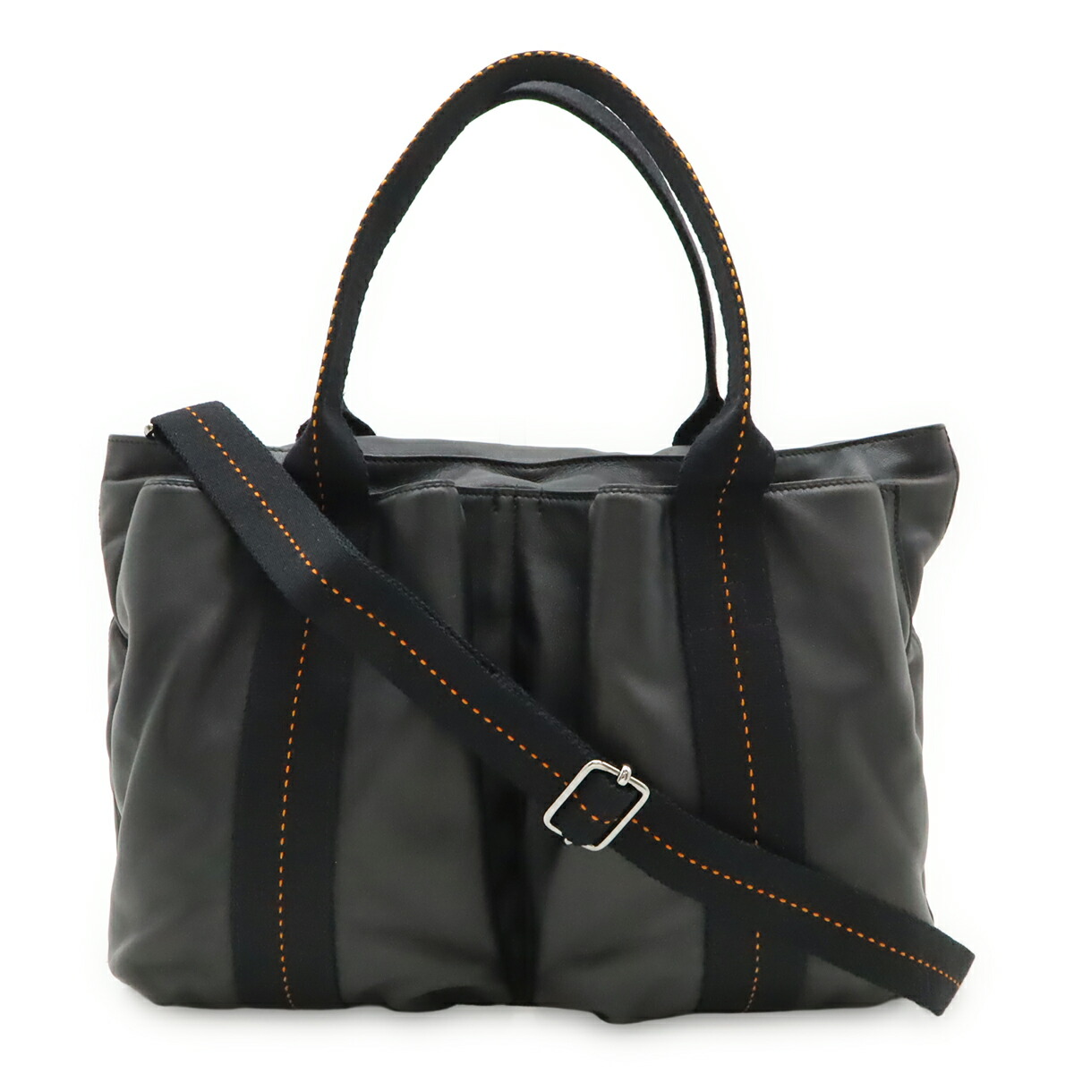 HERMES エルメス 隊商 ホリゾンタルMM トートバッグ 2WAY ショルダーバッグ 曲がった掛け ヴォーデルマ なめし革 黒いこと 黒 オレンジ色 【中古】