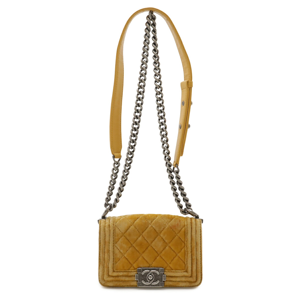CHANEL シャネル ボーイシャネル マトラッセ ココマーク チェーンショルダーバッグ ポシェット ベルベット レザー イエロー 黄色 シルバー金具 【中古】