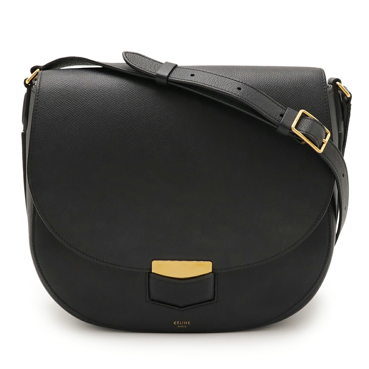CELINE セリーヌ トロッター 並み並み ショルダーバッグ 曲がった掛け なめし革 黒いこと 黒 ゴールド金具 【中古】