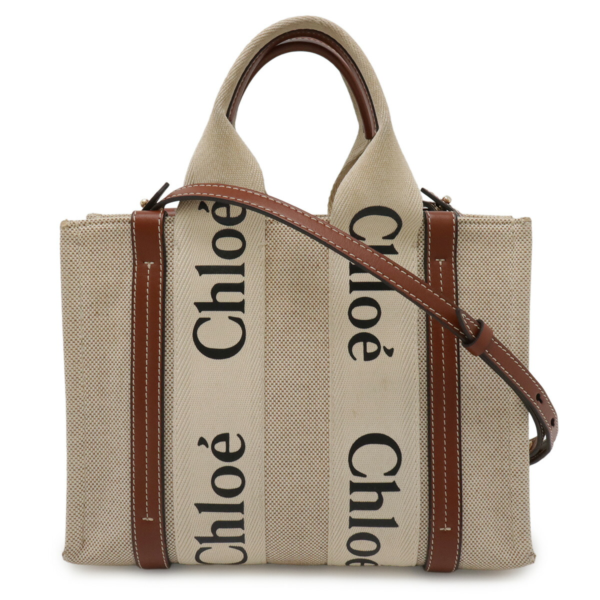 Chloe クロエ ウッディ スモール トートバッグ ハンドバック 2WAY ショルダーバッグ 帆布 なめし革 ベージュ 赤銅色 CHC23AS397 【中古】