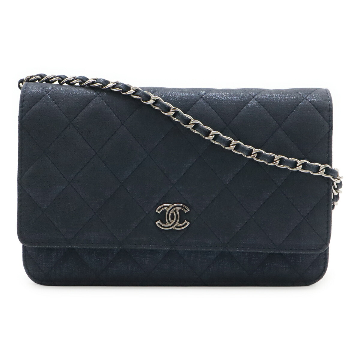 CHANEL シャネル マトラッセ チェーンウォレット ショルダーバッグ ポシェット 曲がった掛け スパークルレザー 米国海軍 紺 しろがね色金具 【中古】