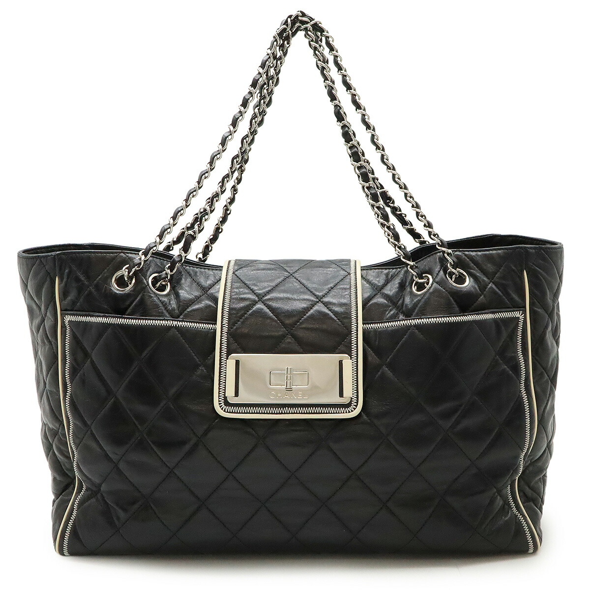 CHANEL シャネル 2.55 マトラッセ ターンロック トートバッグ ショルダー ダブルチェーン カーフ レザー ブラック 黒　ホワイト 白 シルバー金具 【中古】