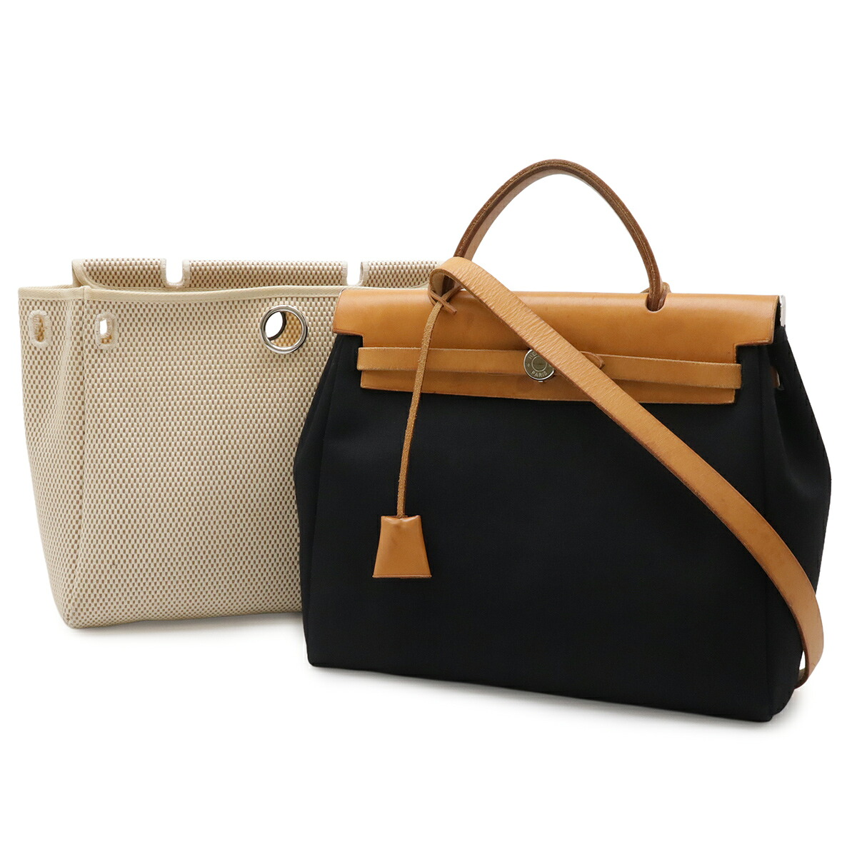 HERMES エルメス 叫び泣き御徒面子PM ハンドバック 2WAY ショルダーバッグ トワルオフィシエ トワルGM なめし革 黒いこと 黒 ベージュ □G目じるし 【中古】