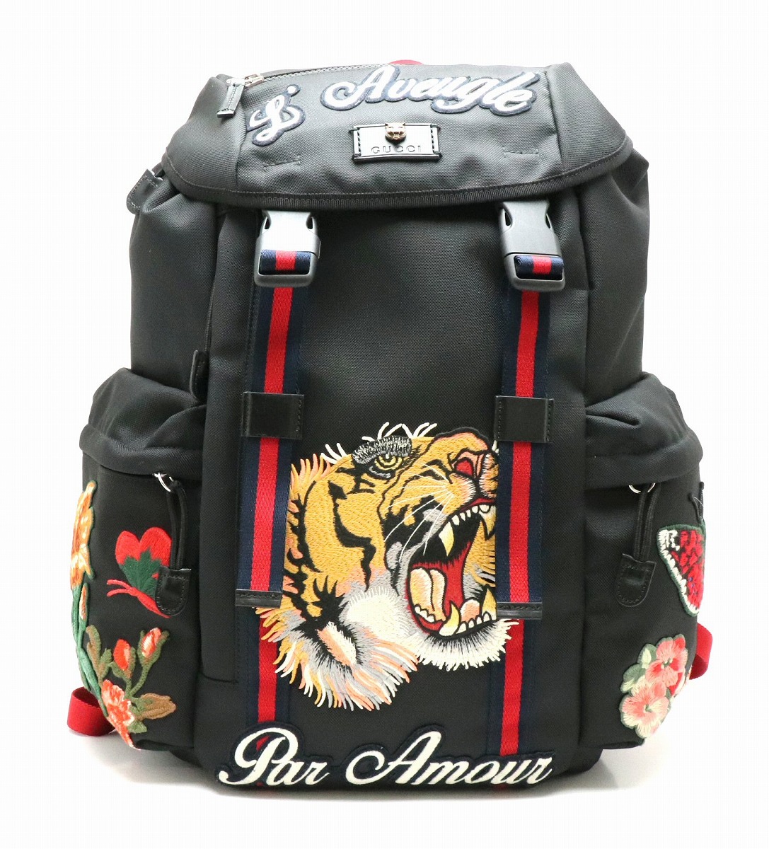Authentic GUCCI Embroidery Tiger Backpack Techno Canvas Leather Black ...
