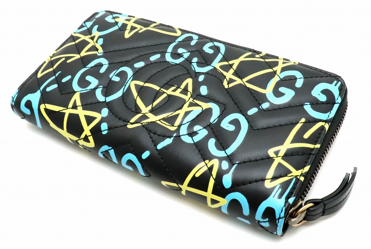 50 Off 新品未使用品 財布 Gucci グッチggマーモントゴーストプリントラウンドファスナー長財布 レザーブラック黒イエロー黄色ライトブルー水色 良質