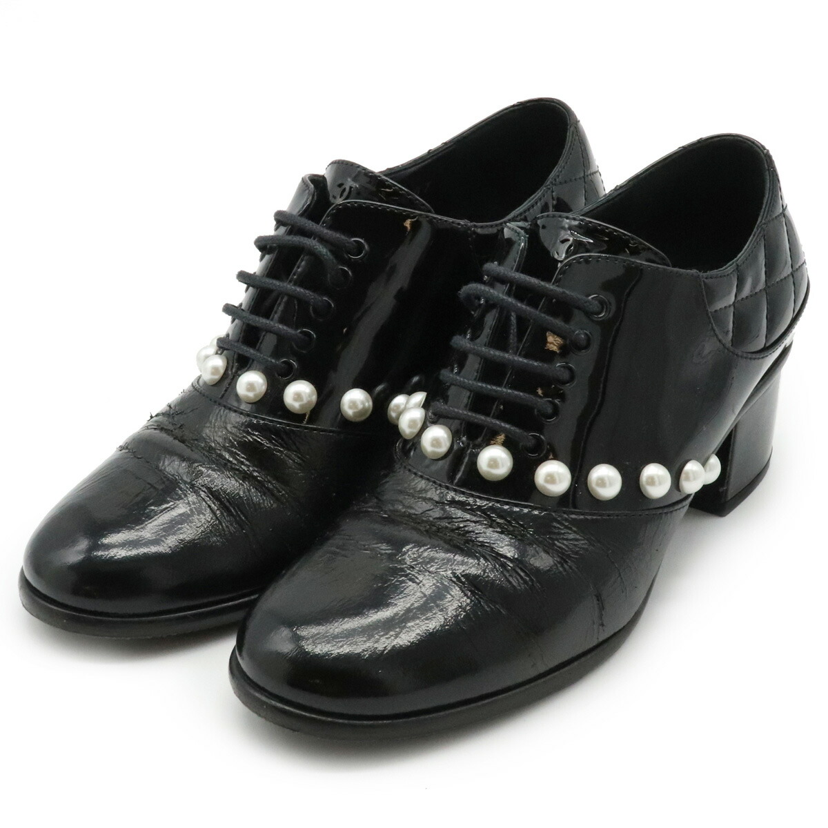 ローファー レディース シャネル 黒 靴 Chanel 中古 靴 チャンキーヒール ブランド シューズ ローファー ブラック パテントレザー レースアップシューズ パール 黒 ブラック 36 1 2 23 5cm G Y 中古 ブルーミン 森田質店